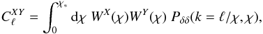 Mathematical equation: \begin{eqnarray} C_{\ell}^{X Y} = \int_0^{\chi_{\ast}} {\rm d} \chi \; W^X(\chi) W^Y(\chi) \; P_{\delta \delta}(k=\ell/\chi, \chi), \label{eqn:hall_spec} \end{eqnarray}