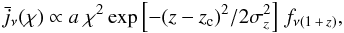 Mathematical equation: \begin{eqnarray} \label{Eq:cib_def} \bar{j}_{\nu}(\chi) \propto a \; \chi^2 \exp{\left[-(z-z_{\rm c})^2 / 2 \sigma_z^2 \right]} \; f_{\nu (1\,+\,z)}, \end{eqnarray}