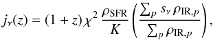 Mathematical equation: \begin{eqnarray} j_\nu(z) = (1+z) \, \chi^2 \, \frac{\rho_{\rm SFR}}{K} \left( \frac{\sum_{p} s_\nu \, \rho_{{\rm IR},p}} {\sum_{p}\rho_{{\rm IR},p}}\right), \end{eqnarray}