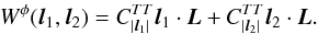Mathematical equation: \begin{equation} W^{\phi}(\vec{l}_1, \vec{l}_2) = C_{ | \vec{l}_1 | }^{TT} \vec{l}_1 \cdot \vec{L} + C_{ | \vec{l}_2 | }^{TT} \vec{l}_2 \cdot \vec{L}. \label{eqn:flat_w} \end{equation}