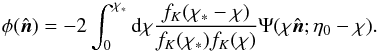 Mathematical equation: \begin{equation} \phi(\hatn) = -2 \int_0^{\chi_*} {\rm d}\chi\frac{ f_K( \chi_* - \chi) }{ f_K(\chi_*) f_K(\chi)}\Psi(\chi \hatn; \eta_0 - \chi ). \label{eqn:lensing_deflection} \end{equation}