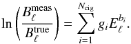 Mathematical equation: \begin{equation} \ln \left( \frac{B_{\elt}^{\rm meas}}{B_{\elt}^{\rm true}} \right) = \sum_{i=1}^{N_{\rm eig}} g_i E_{\elt}^{b_i}. \label{eqn:beam_error_eigenmodes} \end{equation}