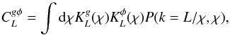Mathematical equation: \begin{equation} C_{\elp}^{g \phi} = \int {\rm d}\chi K_L^{g} (\chi) K_L^{\phi}(\chi) P(k=L/\chi, \chi), \label{eqn:limber} \end{equation}