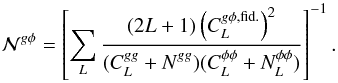 Mathematical equation: \begin{equation} \norm^{g\phi} = \left[ \sum_{L} \frac{ (2L+1) \left( C_L^{g\phi, {\rm fid.}} \right)^2 }{ (C_L^{gg} + N_{\vphantom{L}}^{gg})( C_L^{\phi\phi} + N_L^{\phi \phi} ) } \right]^{-1}. \end{equation}