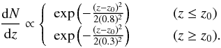 Mathematical equation: \begin{equation} \frac{{\rm d}N}{{\rm d}z} \propto \left\{ \begin{array}{cl} \exp\left(-\frac{(z-z_0)^2}{2 (0.8)^2}\right) & \qquad (z \le z_0) \\ \exp\left(-\frac{(z-z_0)^2}{2 (0.3)^2}\right) & \qquad (z \ge z_0). \end{array} \right. \label{eq:dnvssdz} \end{equation}