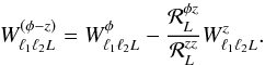 Mathematical equation: \begin{equation} W^{(\phi - z)}_{\elt_1 \elt_2 L} = W^{\phi}_{\elt_1 \elt_2 L} - \frac{ \resp_L^{\phi z} }{ \resp_L^{z z} } W^{z}_{\elt_1 \elt_2 L}. \end{equation}