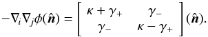 Mathematical equation: \begin{equation} -\nabla_{\!i} \nabla_{\!j}\phi(\hatn) = \left[ \! \begin{array}{cc} \kappa + \gamma_+ & \gamma_{-} \\ \gamma_{-} & \kappa - \gamma_+ \end{array} \! \right](\hatn). \end{equation}