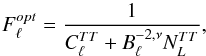 Mathematical equation: \appendix \setcounter{section}{2} \begin{equation} F_{{\elt}}^{ {\sc{opt}} } = \frac{1}{C_{\elt}^{TT} + B_{\elt}^{-2, \nu} N_L^{TT}}, \end{equation}