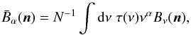 Mathematical equation: \begin{equation} \BeamA(\Pointing) = N^{-1} \int {\rm d}\nu \; \bandpass(\nu) \nu^\alpha \BeamNu(\Pointing), \end{equation}
