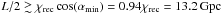 Mathematical equation: \hbox{$L/2 \gsim \chi_{\rm rec}\cos(\alpha_{\rm min}) = 0.94\chi_\mathrm{rec} = 13.2\,\mathrm{Gpc}$}