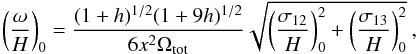 Mathematical equation: \begin{equation} \label{eqn:vort} \bvort= \frac{(1+\bh)^{1/2} (1+9\bh)^{1/2}}{6 \bx^2\Dentot} \sqrt{\left(\frac{\sigma_{12}}{H}\right)_0^2 + \left(\frac{\sigma_{13}}{H}\right)_0^2} \spcend , \end{equation}