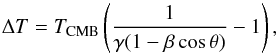 Mathematical equation: \begin{equation} \label{eq:dipoleAmplitudeKCMB} \Delta T = T_\mathrm{CMB} \left( \frac{1}{\gamma (1 - \beta \cos \theta)} -1 \right), \end{equation}
