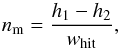 Mathematical equation: \begin{equation} n_{\rm m} = \frac{h_{\rm 1} - h_{\rm 2}}{w_{\rm hit}} , \label{eq:noisemap} \end{equation}