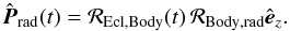Mathematical equation: \begin{equation} \PointingRad(t)=\RotEclBody(t)\,\RotBodyBeam\eVersorZ. \label{eq:pointing} \end{equation}