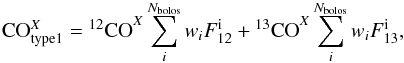 Mathematical equation: \begin{eqnarray} {\rm CO}_{\rm type1}^X = {^{12}{\rm CO}}^X \sum_i^{N_{\rm bolos}} w_i F_{12}^{\rm i} + {^{13}{\rm CO}}^X\sum_i^{N_{\rm bolos}} w_i F_{13}^{\rm i} , \label{eq:13co_type1} \end{eqnarray}