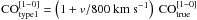 Mathematical equation: \hbox{${\rm CO}_{\rm type1}^{[1-0]} = \left( 1 + v/800~\rm km\;s^{-1} \right) \ {\rm CO}_{\rm true}^{[1-0]}$}
