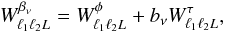 Mathematical equation: \begin{equation} W^{\betanu}_{\ell_1 \ell_2 L} = W^{\phi}_{\ell_1 \ell_2 L} + \fnu W^{\tau}_{\ell_1 \ell_2 L}, \label{eqn:wbetanu} \end{equation}