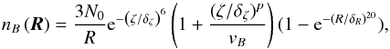 Mathematical equation: \begin{equation} n_{B}\left(\vec{R}\right) = \frac{3N_0}{R} {\rm e}^{-\left(\zeta/\delta_\zeta\right)^6} \left(1 + \frac{(\zeta/\delta_\zeta)^{p}}{v_B}\right) (1-{\rm e}^{-(R/\delta_R)^{20}}), \label{eq:bandDensity} \end{equation}