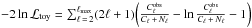 Mathematical equation: \hbox{$-2 \ln \mathcal{L}_{\mathrm {toy}} = \sum_{\ell\,=\,2}^{\ell_{\mathrm{max}}} (2 \ell + 1) \biggl(\frac{C_{\ell}^{\mathrm{obs}}}{C_{\ell} \,+\, N_{\ell}} - \ln \frac{C_{\ell}^{\mathrm{obs}}}{C_{\ell} \,+\, N_{\ell}} -1\biggr) $}
