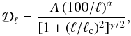 Mathematical equation: \begin{equation} {\cal D}_{\ell}=\frac{A\,(100/\ell)^{\alpha}}{[1+(\ell/\ell_{\rm c})^{2}]^{\gamma/2}},\label{SSD1} \end{equation}