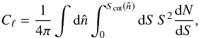Mathematical equation: \begin{equation} C_{\ell}=\frac{1}{4\pi}\int {\rm d}\hat{n}\int_{0}^{S_{{\rm cut}}(\hat{n})}{\rm d}S\, S^{2}\frac{{\rm d}N}{{\rm d}S}\label{eq:exact_poisson}, \end{equation}
