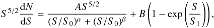 Mathematical equation: \begin{equation} S^{5/2}\frac{{\rm d}N}{{\rm d}S}= \frac{A S^{5/2} }{(S/S_0)^{\alpha}+(S/S_0)^{\beta}} + B \left(1-\exp{\left(\frac{S}{S_1}\right)}\right), \label{PS1-1} \end{equation}