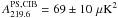 Mathematical equation: \hbox{$A^{\mathrm{PS, CIB}}_{219.6}=69\pm10\,\muK^2$}