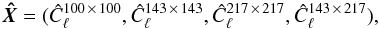 Mathematical equation: \begin{equation} \vec{{\hat{X}}}=(\hat{C}_{\ell}^{100\,\times\,100},\hat{C}_{\ell}^{143\,\times\,143},\hat{C}_{\ell}^{217\,\times\,217},\hat{C}_{\ell}^{143\,\times\,217}),\label{CSL1} \end{equation}