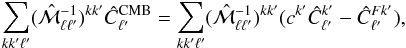 Mathematical equation: \appendix \setcounter{section}{1} \begin{equation} \sum_{kk^{\prime}\ell^{\prime}}(\hat{{\cal M}}_{\ell\ell^{\prime}}^{-1})^{kk^{\prime}}\hat{C}_{\ell'}^{\mathrm{CMB}}=\sum_{kk^{\prime}\ell^{\prime}}(\hat{{\cal M}}_{\ell\ell^{\prime}}^{-1})^{kk^{\prime}}(c^{k^{\prime}}\hat{C}_{\ell^{\prime}}^{k^{\prime}}-\hat{C}_{\ell^{\prime}}^{Fk^{\prime}}),\label{CSL3} \end{equation}