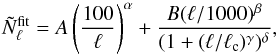 Mathematical equation: \appendix \setcounter{section}{1} \begin{equation} \tilde{N}_{\ell}^{{\rm fit}}=A\left(\frac{100}{\ell}\right)^{\alpha}+\frac{B(\ell/1000)^{\beta}}{(1+(\ell/\ell_{\rm c})^{\gamma})^{\delta}},\label{N3} \end{equation}