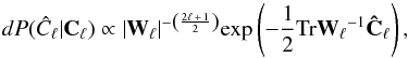 Mathematical equation: \appendix \setcounter{section}{1} \begin{equation} dP({\hat{C}_{\ell}}\vert{\bf C_{\ell}})\propto\vert{\bf W_{\ell}}\vert^{-\left(\frac{2\ell\,+\,1}{2}\right)}{\rm exp\left(-\frac{1}{2}Tr{\bf W_{\ell}}^{-1}{\bf \hat{C}_{\ell}}\right),\label{W1}} \end{equation}