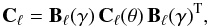 Mathematical equation: \begin{equation} \mathbf{C}_{\ell}=\mathbf{B}_{\ell}(\gamma)\,\mathbf{C}_{\ell}(\theta)\,\mathbf{B}_{\ell}(\gamma)^{\mathrm{T}},\label{eq:plik-beam-equation} \end{equation}