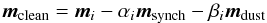 Mathematical equation: \appendix \setcounter{section}{5} \begin{eqnarray*} \vec{m}_{\rm {clean}}=\vec{m}_{i}-\alpha_{i}\vec{m}_{\mathrm {synch}}-\beta_{i}\vec{m}_{\mathrm {dust}} \end{eqnarray*}
