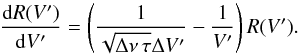 Mathematical equation: \appendix \setcounter{section}{1} \begin{equation} \frac{\mathrm{d} R(V^\prime)}{\mathrm{d}V^\prime} = \left( \frac{1}{\sqrt{\Delta\nu\,\tau} \Delta V^\prime} - \frac{1}{V^\prime} \right) R(V^\prime). \end{equation}