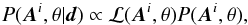 Mathematical equation: \appendix \setcounter{section}{1} \begin{eqnarray} P(\vec{A}^i, \theta|\vec{d}) \propto \mathcal{L}(\vec{A}^i, \theta) P(\vec{A}^i, \theta), \end{eqnarray}