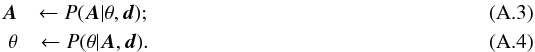 Mathematical equation: \appendix \setcounter{section}{1} \begin{eqnarray} \label{eq:commander_ampsamp} \vec{A} &\leftarrow P(\vec{A} | \theta, \vec{d}); \\ \label{eq:commander_indxsamp} \theta &\leftarrow P(\theta | \vec{A}, \vec{d}). \end{eqnarray}