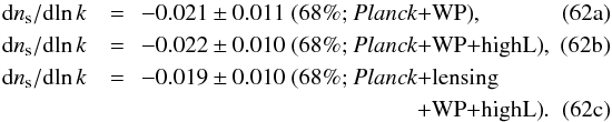 Mathematical equation: % subequation 15506 0 \begin{eqnarray} \nrun &=& \hspace{-1mm}-0.021\pm0.011 \;\mbox{(68\%; \Planck+\WP)},~~~~~~~~~~~~~~~~~~~~~~ \\ \nrun &=& \hspace{-1mm}-0.022\pm0.010 \;\mbox{(68\%; \Planck+\WP+\HighL)}, \\ \nrun &=& \hspace{-1mm} -0.019\pm0.010 \; \mbox{(68\%; \Planck+lensing} \nonumber \\ & & \hspace{41mm} \mbox{+\WP+\HighL)}. \end{eqnarray}