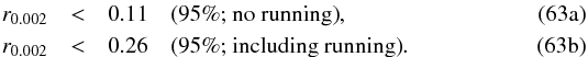 Mathematical equation: % subequation 15740 0 \begin{eqnarray} r_{0.002}&<&0.11 \quad \mbox{(95\%; no running)}, \label{rnorun}\\ r_{0.002}&<&0.26 \quad \mbox{(95\%; including running)}. \label{rrun} \end{eqnarray}