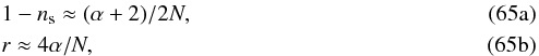 Mathematical equation: % subequation 15804 0 \begin{eqnarray} &&1-\ns \approx (\alpha+2)/2N, \label{GE1a}\\ &&r \approx 4\alpha/N, \label{GE1b} \end{eqnarray}