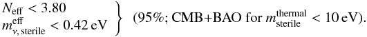 Mathematical equation: \begin{eqnarray} \left. \begin{array}{l} \nnu <3.80 \\ \meffsterile < 0.42\, \mathrm{eV} \end{array} \right\} \hspace{2mm} \mbox{(95\%; CMB+BAO for }m_{\rm sterile}^{\rm thermal}< 10\, \mathrm{eV}) . \nonumber \\ && \end{eqnarray}