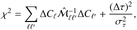 Mathematical equation: \appendix \setcounter{section}{1} \begin{equation} \chi^2 = \sum_{\ell\ell^\prime} \Delta C_\ell \hat{\mathcal{M}}^{-1}_{\ell \ell^{\prime}} \Delta C_{\ell^\prime} + {(\Delta \tau)^2 \over \sigma^2_\tau}, \label{FM1} \end{equation}