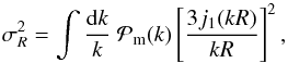 Mathematical equation: \begin{equation} \sigma_R^2 = \int \frac{{\rm d}k}{k}\ \clp_{\rm m}(k) \left[\frac{3j_1(kR)}{kR} \right]^2, \end{equation}