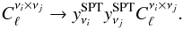 Mathematical equation: \begin{equation} C_\ell^{\nu_i \times \nu_j} \rightarrow y_{\nu_i}^{{\rm SPT}} y_{\nu_j}^{{\rm SPT}} C_\ell^{\nu_i \times \nu_j}. \end{equation}