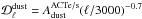 Mathematical equation: \hbox{${\cal D}^{\rm dust}_\ell = A^{\mathrm{ACTe/s}}_{\mathrm{dust}} (\ell/3000)^{-0.7}$}