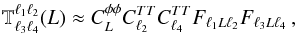 Mathematical equation: \begin{equation} \mathbb{T}^{\ell_1 \ell_2}_{\ell_3 \ell_4}(L) \approx C_L^{\phi\phi} C_{\ell_2}^{TT} C_{\ell_4}^{TT} F_{\ell_1 L \ell_2} F_{\ell_3 L \ell_4} \, , \label{eq:lensing_trispectrum} \end{equation}