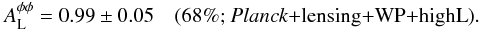 Mathematical equation: \begin{equation} \Aphiphi=0.99\pm 0.05 \quad (\mbox{68\%; \planck+\lensing+\WP+\HighL}). \end{equation}