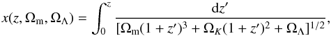 Mathematical equation: \begin{equation} x (z, \Omega_{\rm m}, \Omega_\Lambda) = \int_0^z {{\rm d}z^\prime \over [\Omega_{\rm m} (1+z^\prime)^3 + \Omega_{K} (1+z^\prime)^2 + \Omega_\Lambda]^{1/2}}, \label{eq:BAOdist} \end{equation}