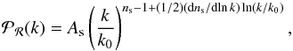 Mathematical equation: \begin{equation} \clp_\clr(k) = \As \left(\frac{k}{k_0}\right)^{\ns-1+(1/2)(\nrun) \ln(k/k_0)}, \label{PS1} \end{equation}