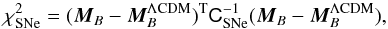 Mathematical equation: \begin{equation} \chi_{\rm SNe}^2 = (\vM_{B} - \vM^{\Lambda{\rm CDM}}_{B})^{\rm T} \tens{C}_{\rm SNe}^{-1} (\vM_{B} - \vM^{\Lambda{\rm CDM}}_{B}), \label{SN3a} % \end{equation}