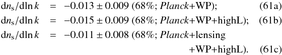 Mathematical equation: % subequation 15449 0 \begin{eqnarray} \nrun &=& \hspace{-1mm} -0.013\pm0.009 \; \mbox{(68\%; \Planck+\WP)};~~~~~~~~~~~~~~~~~~~~~~~~ \label{nrunplanck} \\ \nrun &=& \hspace{-1mm} -0.015\pm0.009 \; \mbox{(68\%; \Planck+\WP+\HighL)}; \label{nrunplanckhighL} \\ \nrun &=& \hspace{-1mm} -0.011\pm0.008 \; \mbox{(68\%; \Planck+lensing} \nonumber \\ & & \hspace{41mm} \mbox{+\WP+\HighL)}. \label{nrunplanckhighL+lensing} \end{eqnarray}